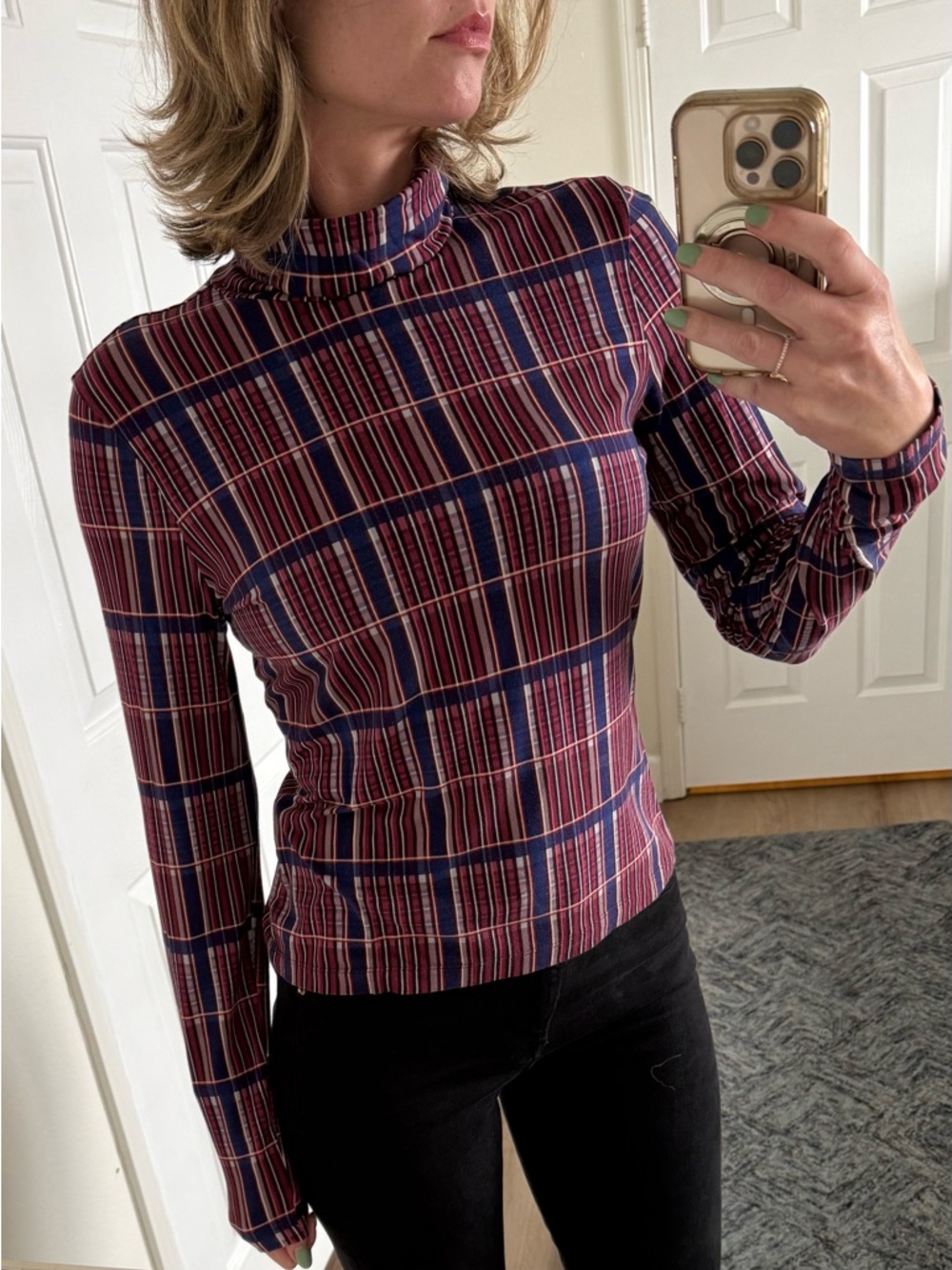 The Kit Plaid Turtleneck Top Size Large Bamboo Blend Blue burgundy